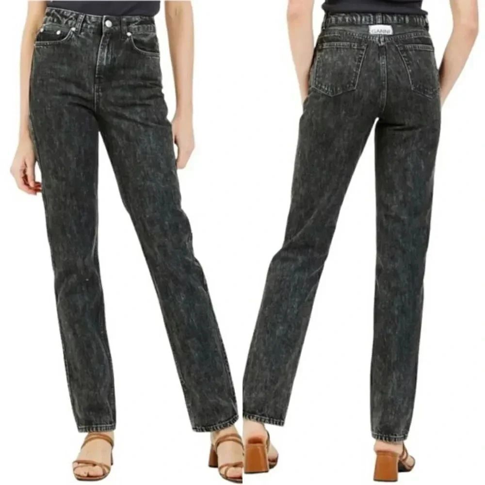 Ganni Washed Denim High Waisted Jeans Phantom Black Straight Size 25